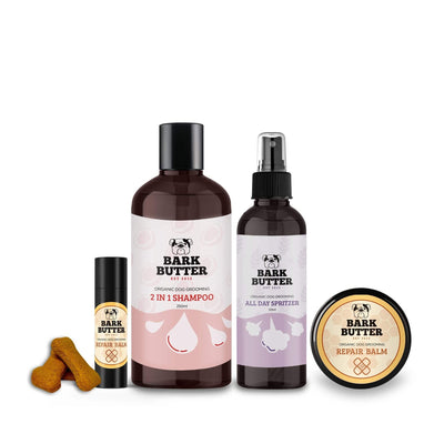 Bark Butter Pawsome Pamper Pack. 2 in 1 shampoo, All Day Spritzer, Repair balm